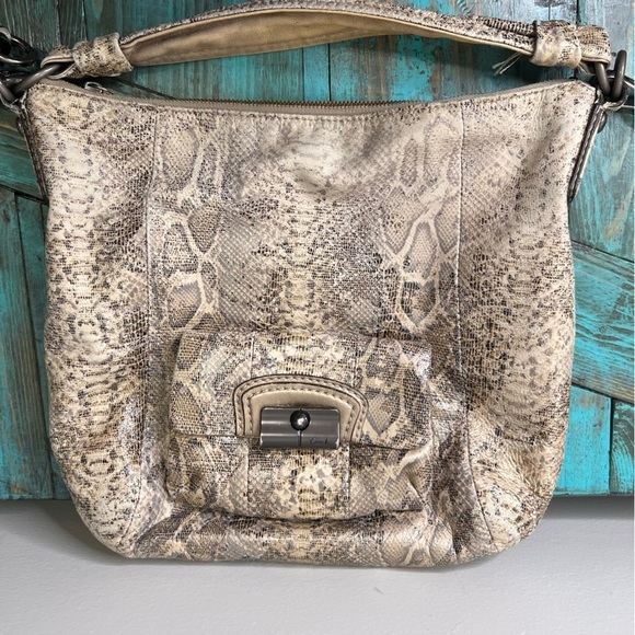 Coach Kristin Embossed Gray/Beige/Tan Leather Python Print Hobo Handbag Zip Top - Picture 15 of 16